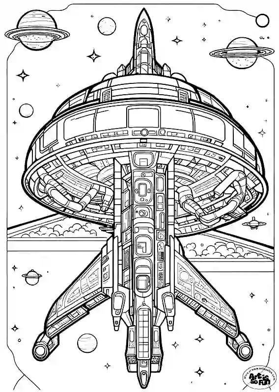 A coloring page of an Alien spaceship