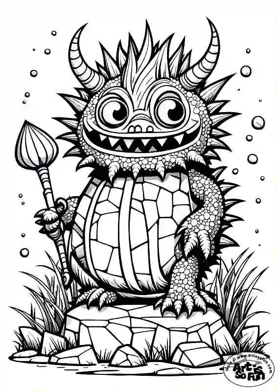 A coloring page of an Alien creature with lots of spikes and