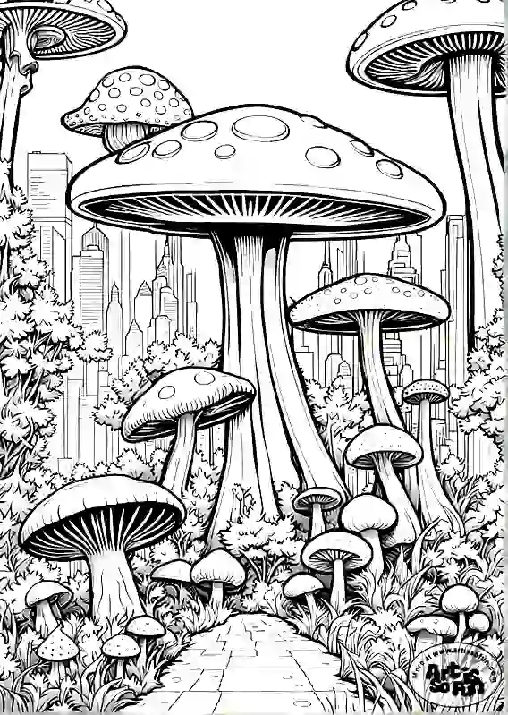 A coloring page of a series of Alien giant mushrooms