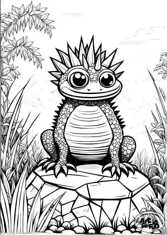 A coloring page of a frog-like cute alien animal with lots of spikes on it body