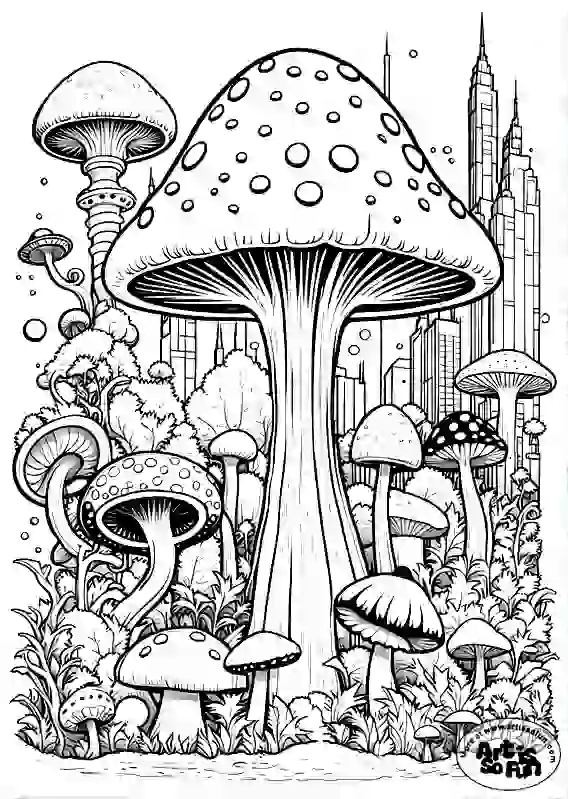 A coloring page of a series of Alien giant mushrooms