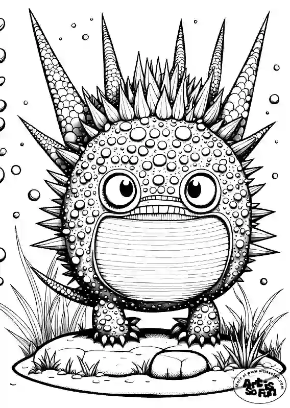 A coloring page of a puffer-fish like little animal, with huge thorns on it body