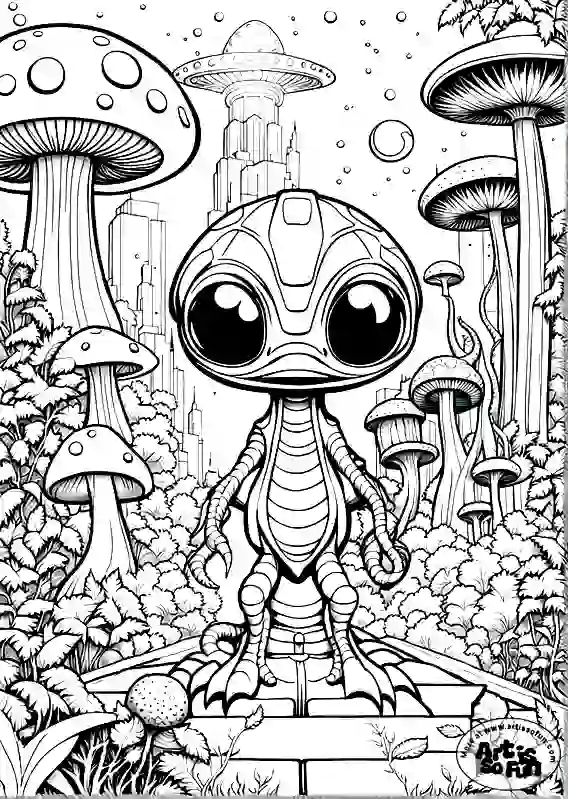 A coloring page of an cyborg dwarf alien. Odd giant mushroom plants and skyscrapers