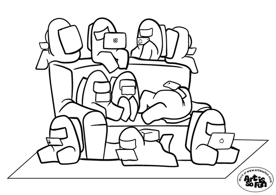 A coloring page of a gang of Among us Character all fixed on one electronic device
