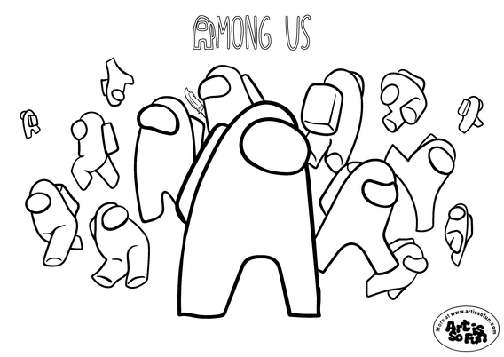 A coloring page of Among us full game participants all floating outside the spaceship