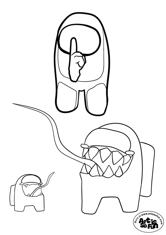A coloring page of a hybrid Among us character with long teeth and long tongue