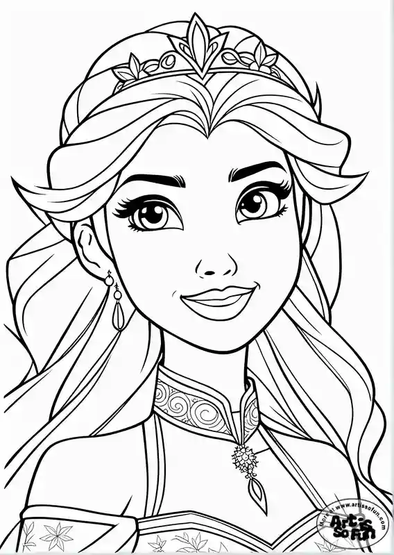 A coloring page of a short body portrait of Anna from frozen