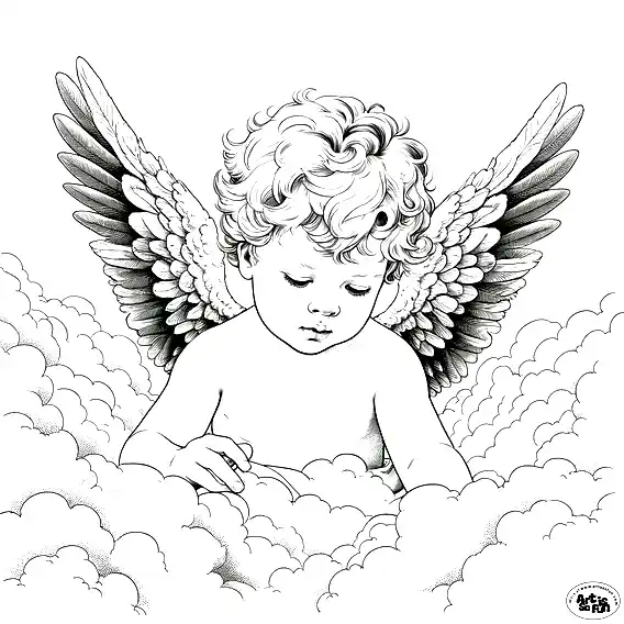 A coloring page of a baby Angel in the clouds looking down below