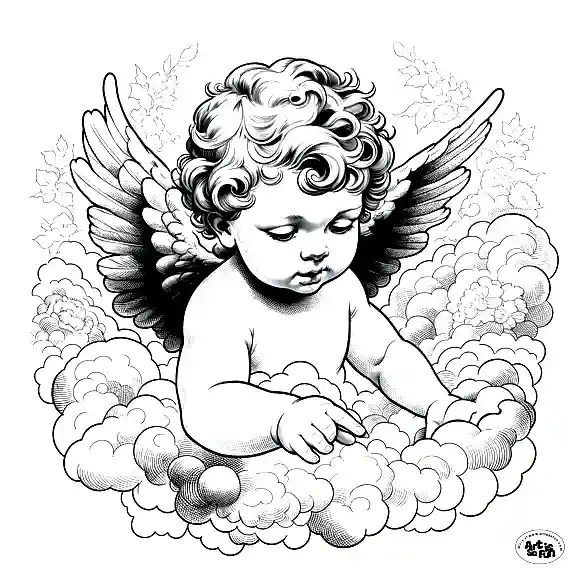 A coloring page of a baby Angel in the clouds looking down below