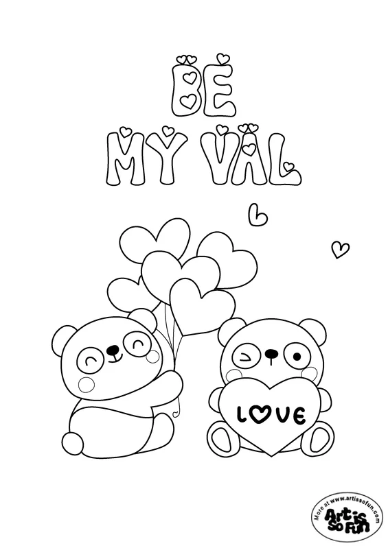 Coloring page of 2 siting pandas doodle with a "Be my val" text