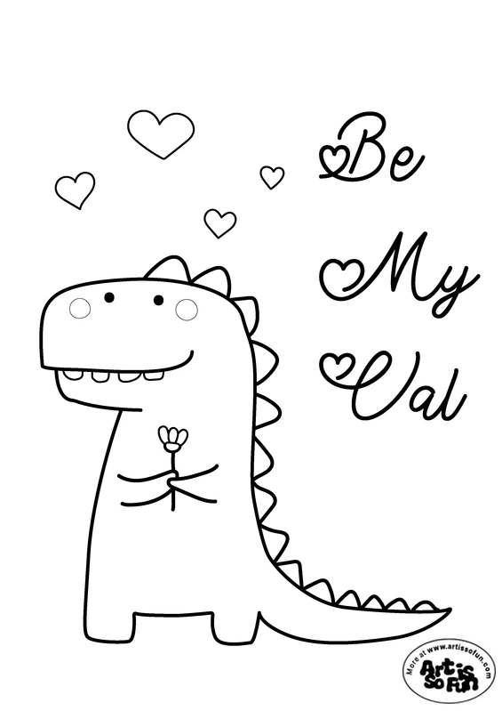 Dinosaur doodle with a "Be my Val" text for a kids coloring page