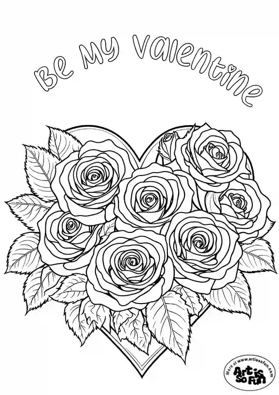 An illustration of a heart shaped flower bouquet with a "Be my valetine" text for a coloring page sheet