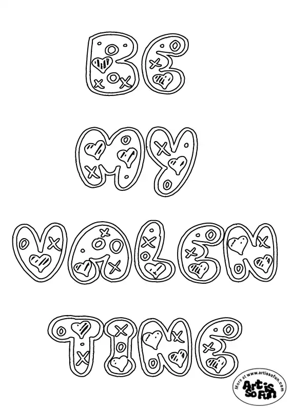 A coloring page doodle of a text "Be my valentine"