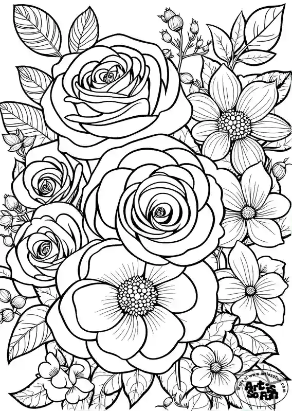 Roses and other assorted flowers coloring page