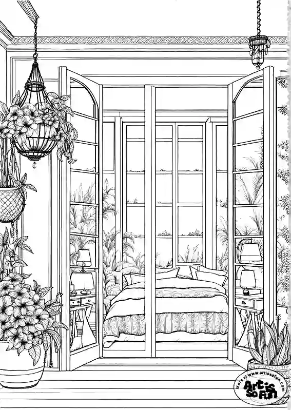 A boho interior bedroom style coloring page for adults