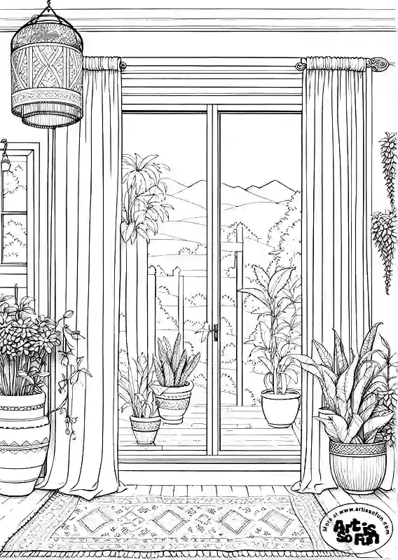 A Boho interior style coloring page