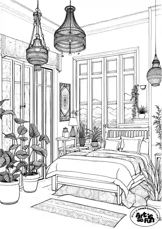 A Boho interior bedroom style coloring page for adults