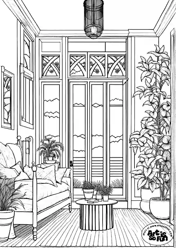 A Boho interior living room style coloring page for adults