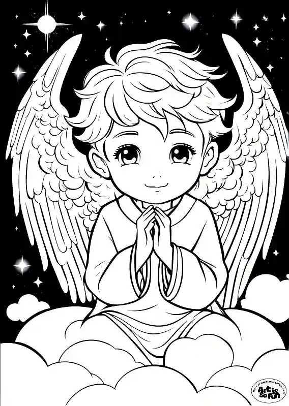 A coloring page of a praying boy angel