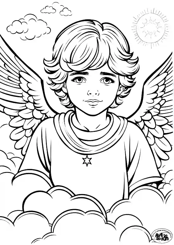 A coloring page of a Boy angel in the clouds
