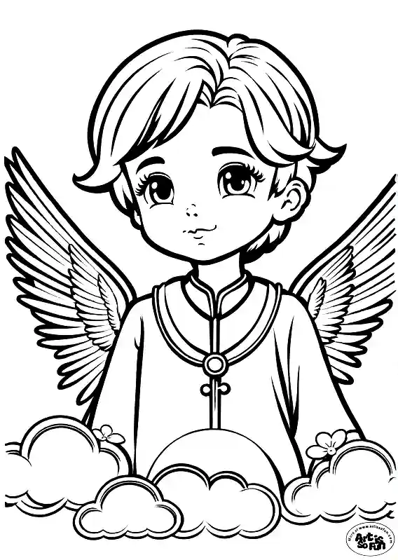 A coloring page of an Cute Boy Angel