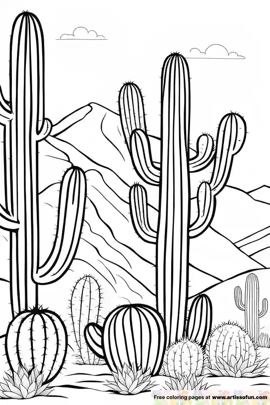 Cactus in desert coloring page