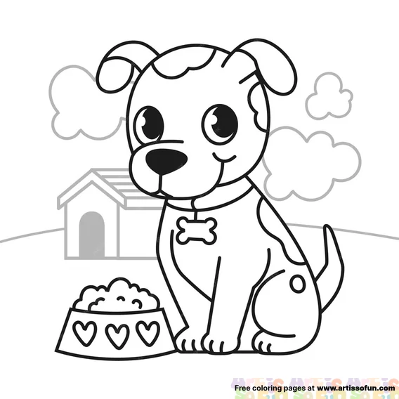 Doodle coloring page of a dog, sitting besides her bowl of food