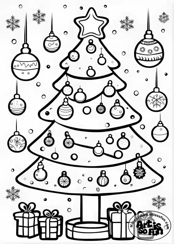 Coloring page of a Christmas tree adorned with christmas bulbs ornaments