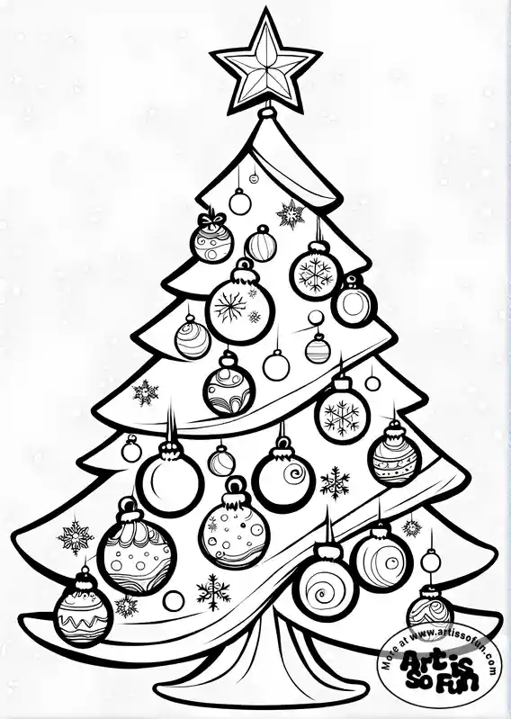 Coloring page of a Christmas tree adorned with christmas bulbs ornaments