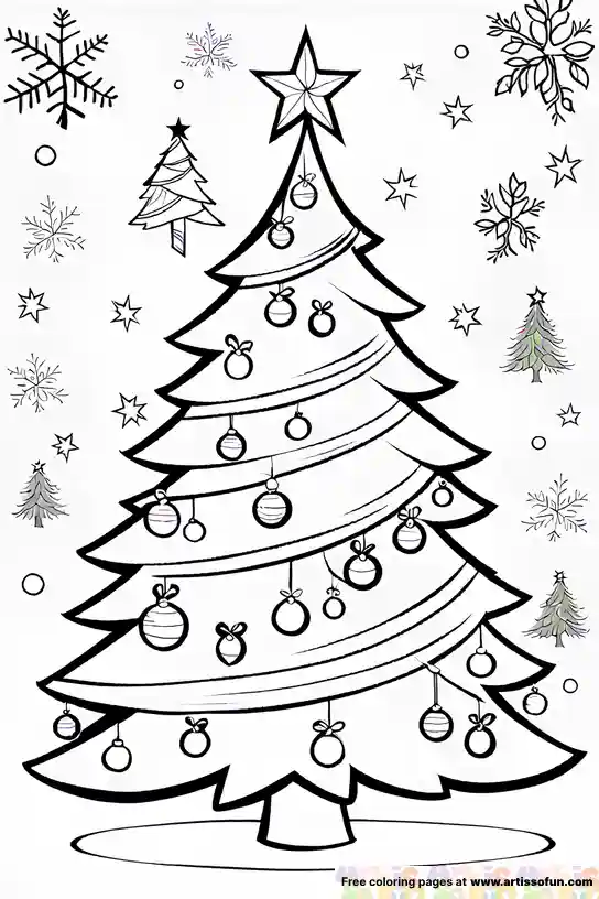 A coloring page of a decorated Christmas tree with a star object at the tip