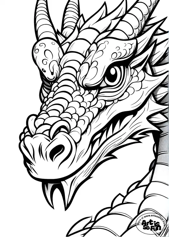 Close headshot of a three-horned dragon coloring page for Adults