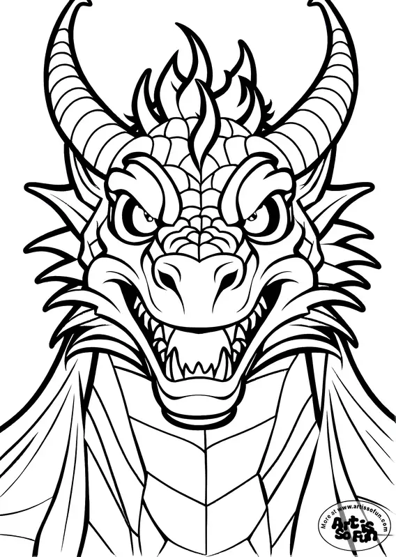 ID headshot of a two-horned dragon coloring page for Adults