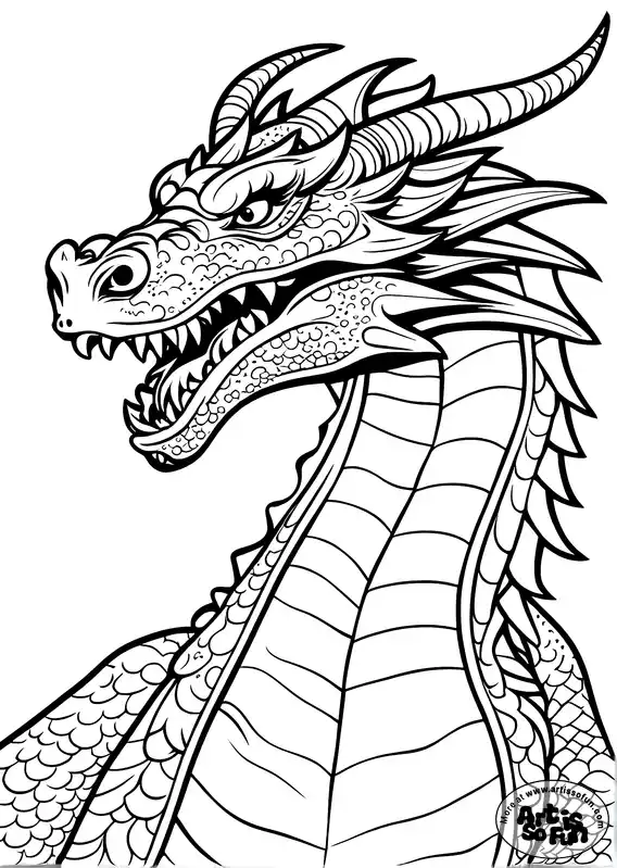 Side headshot of a two-horned dragon coloring page for Adults