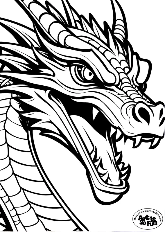 Side headshot of a horned dragon coloring page for Adults