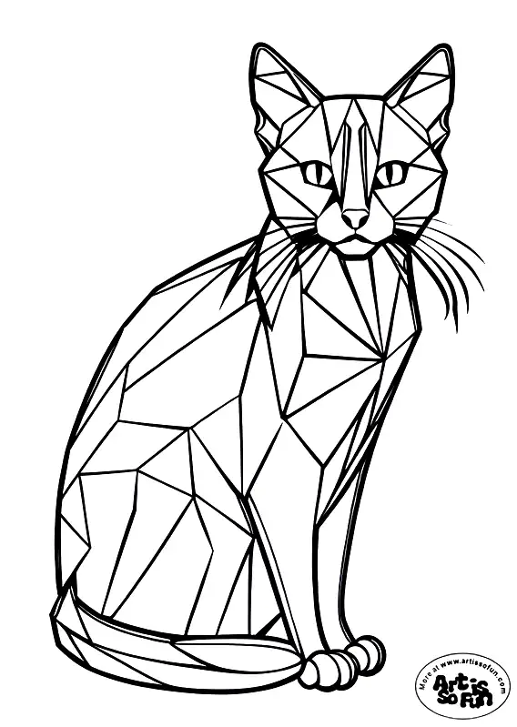 A coloring page of a low poly render of a cat
