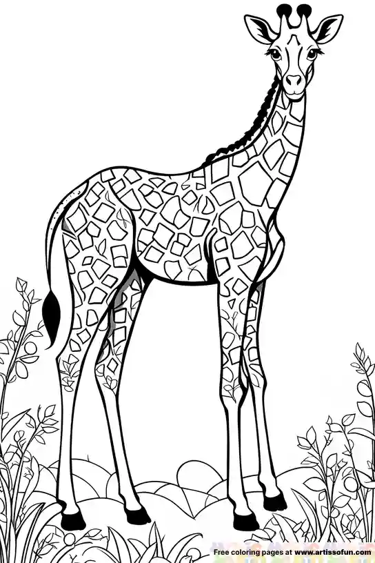 Coloring page of a tall standing giraffe