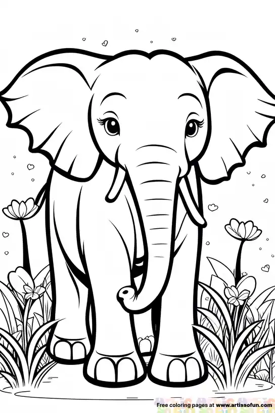 Kawaii elephant coloring page for kids