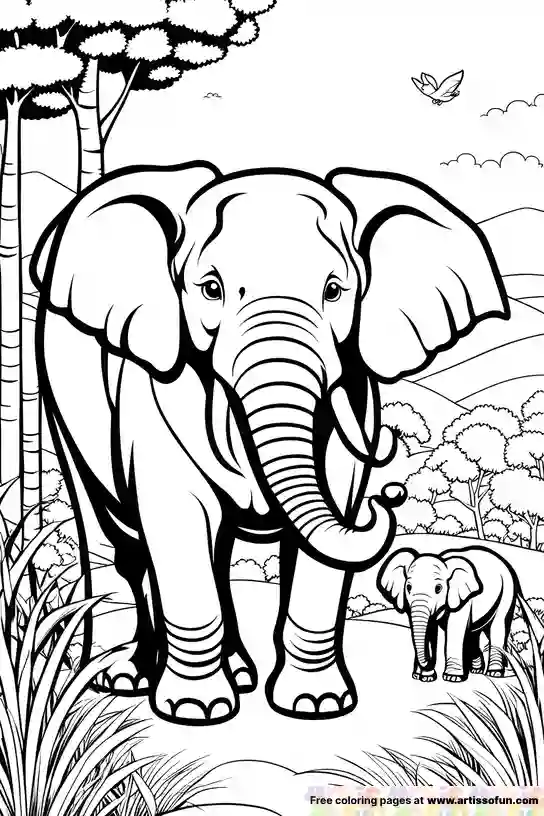 Two elephants coloring page for kids