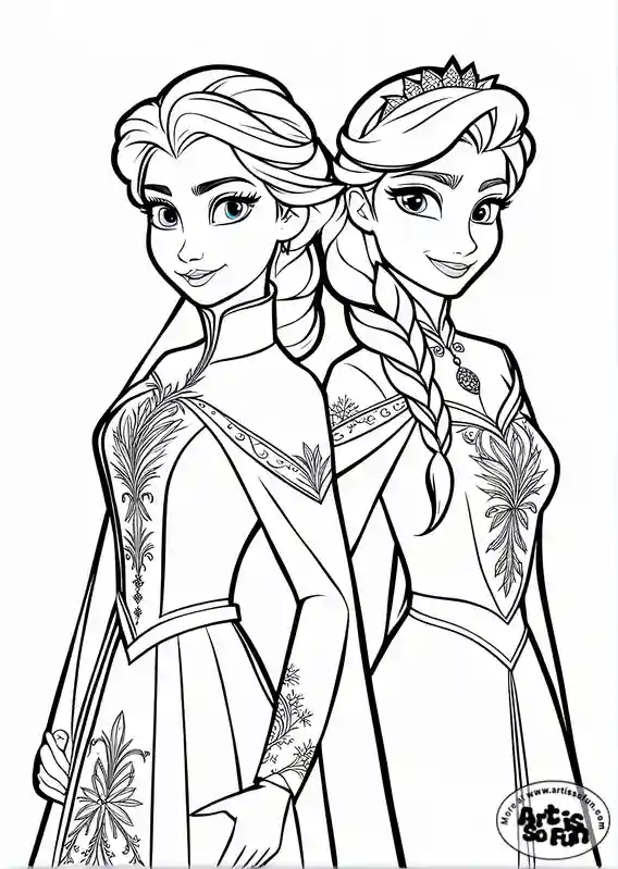 Elsa and Anna coloring page - Elsa and Anna backing each other in this coloring printable