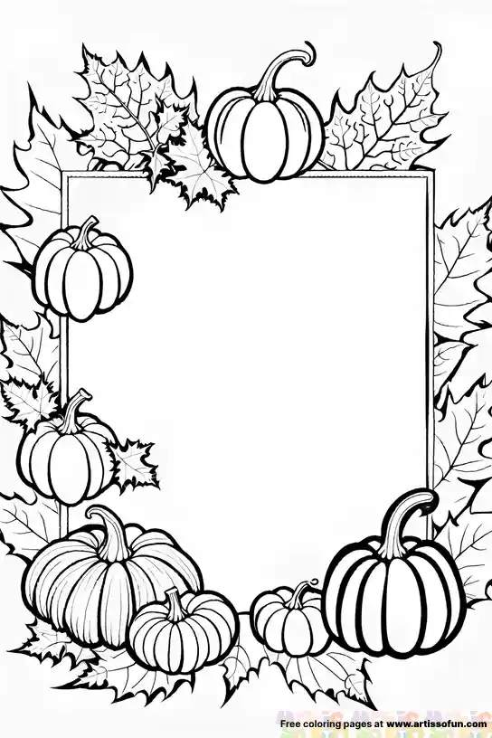 A coloring page of a fall themed page of leaves and pumpkin