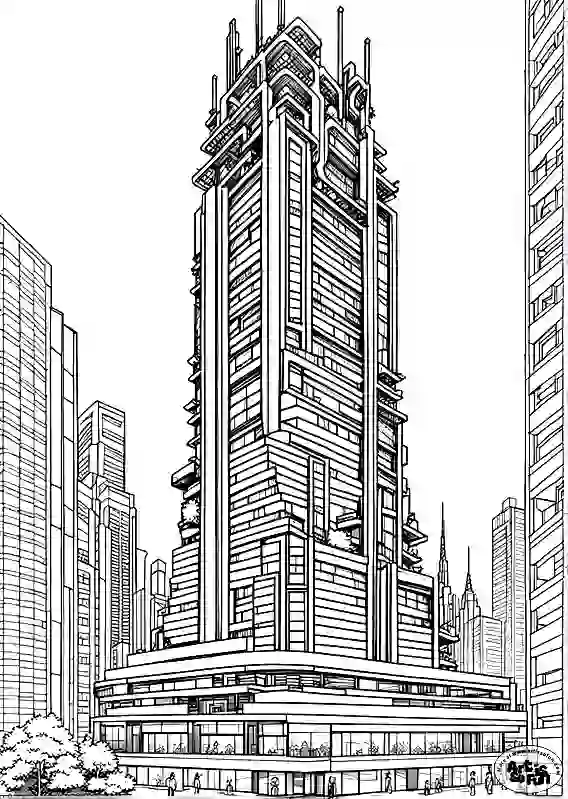 A coloring page of a tall skyscraper building