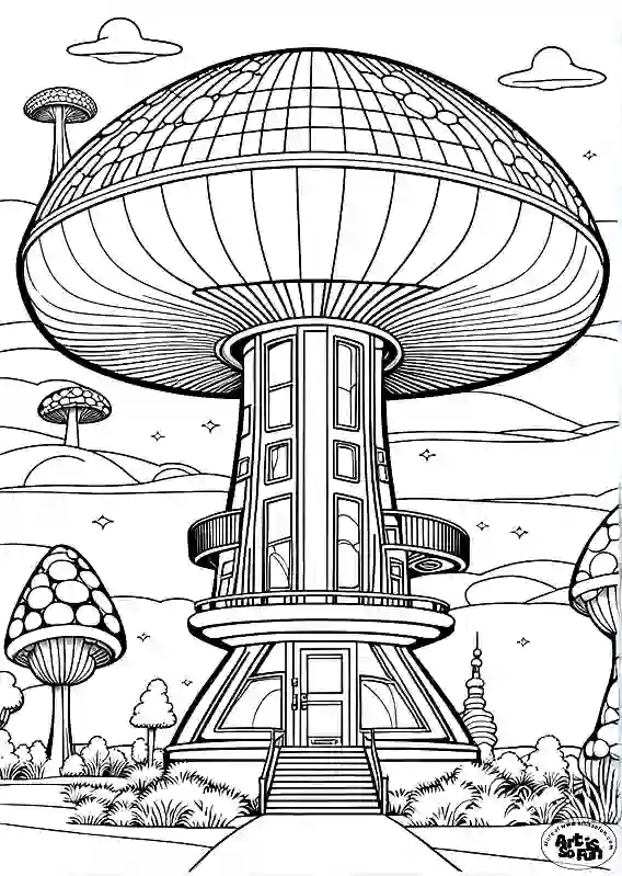 A coloring page of an Mushroom themed futuristic building