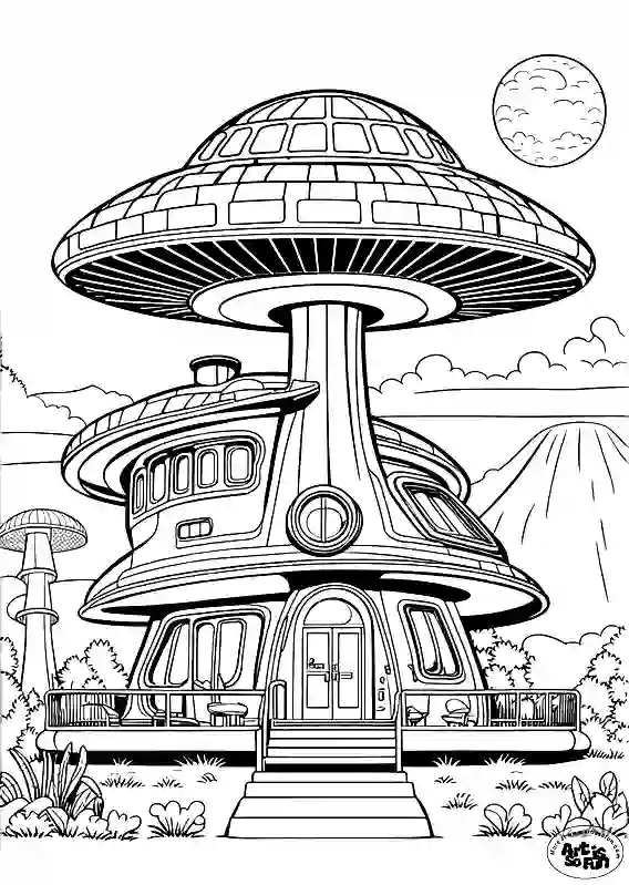 A coloring page of a mushroom themed storey building