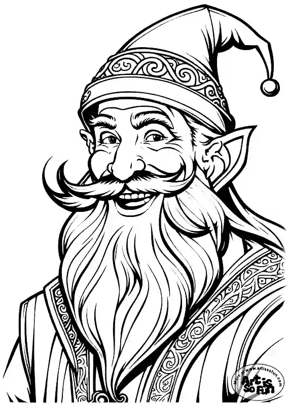 A coloring page of a smiling wizard with a carnival hat on