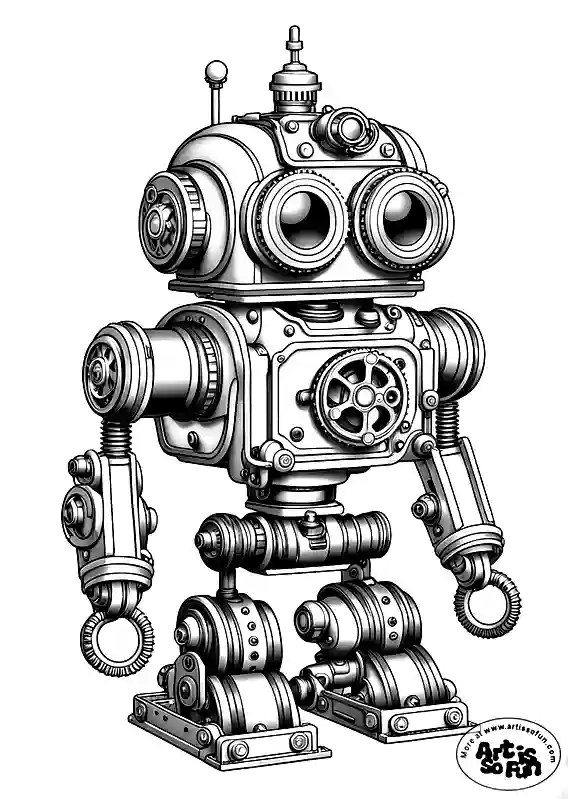 A coloring page of steampunk mechanical robot with lots of grayscale details