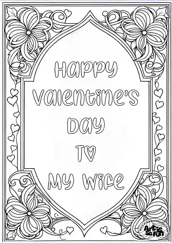 a coloring page of "Happy valentine's day to my wife" text with stylized border