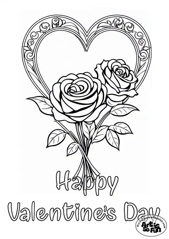 Rose bouquet illustration and a "Happy valentine's day" text suitable for coloring