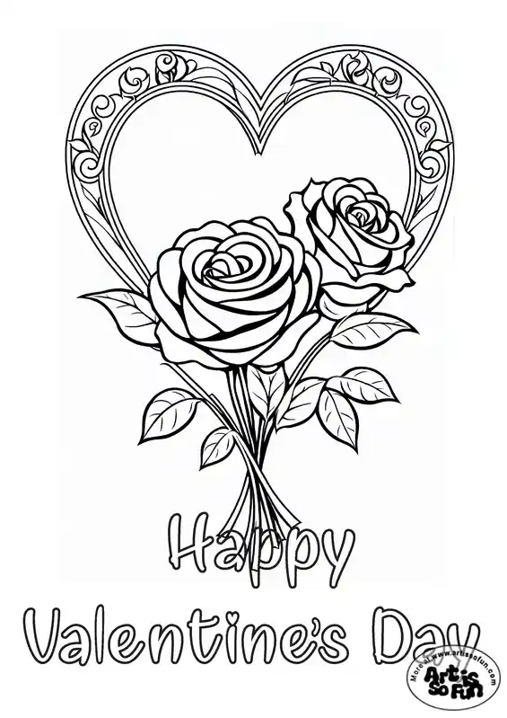 Happy Valentine's Day And Roses Coloring Page | Art Is So Fun