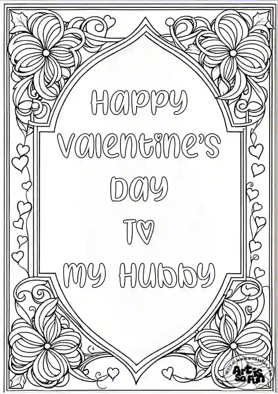 a coloring page of "Happy valentine's day to my hubby" text with stylized border