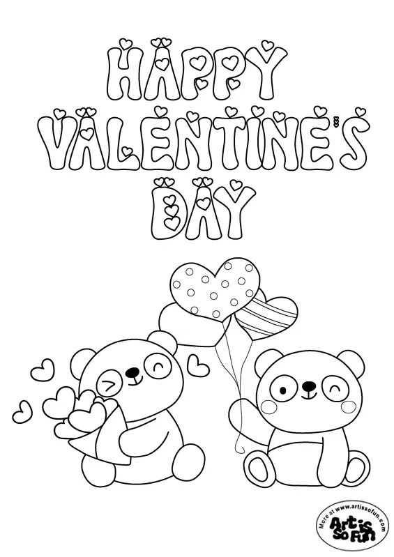 A kids coloring page of a Panda doodle with "Happy valentine's day" text